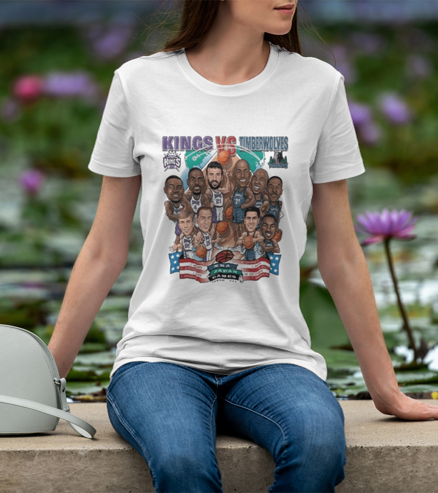 Kings Vs Timberwolves NBA Japan Games Tokyo 1999 Player Caricatures Basketball Showdown T-Shirt