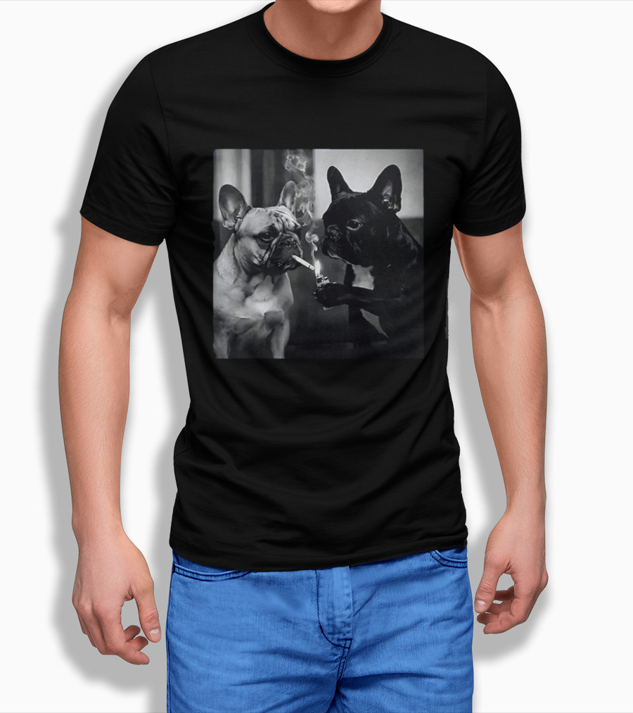 Frenchie Buddies French Bulldog Smoking Cigarette Meme Black And White Humor Duo T-Shirt