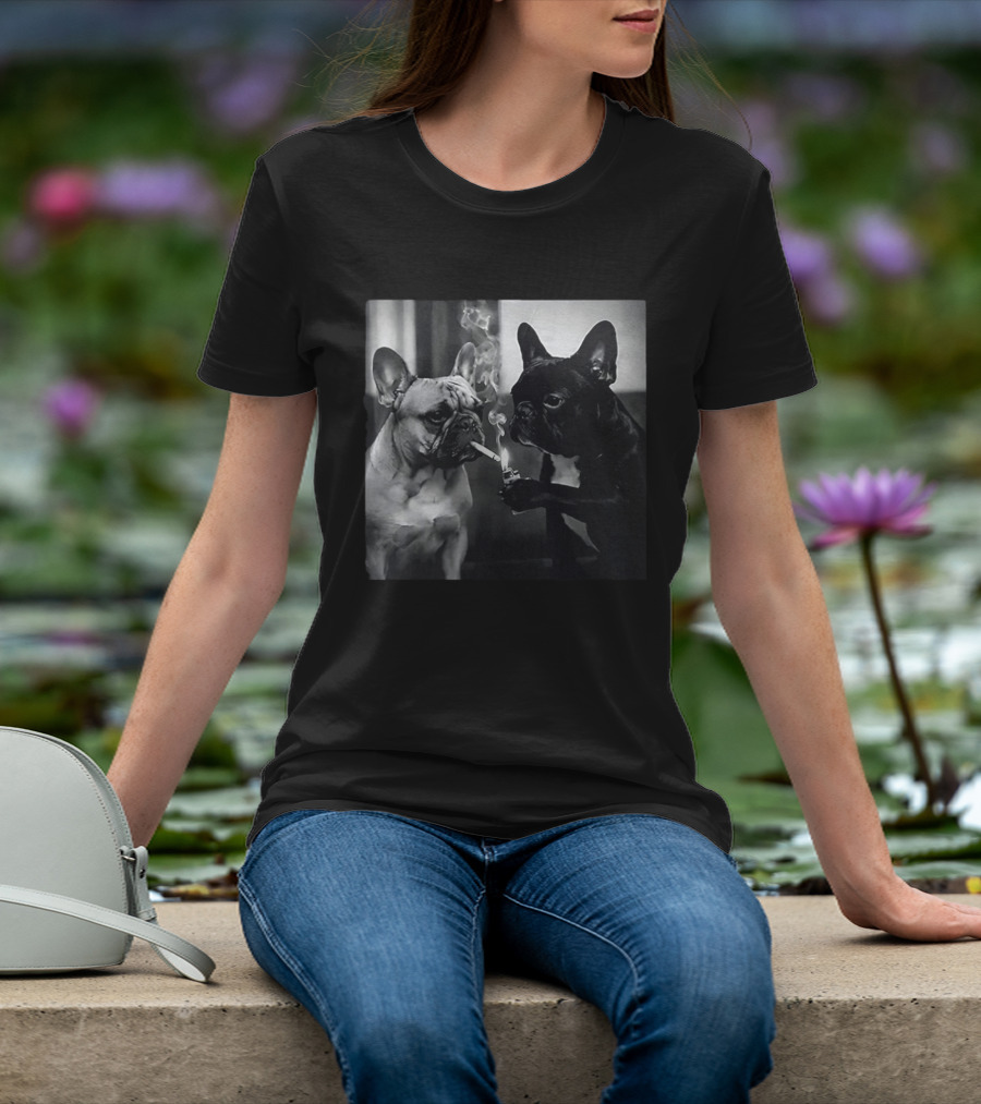 Frenchie Buddies French Bulldog Smoking Cigarette Meme Black And White Humor Duo T-Shirt