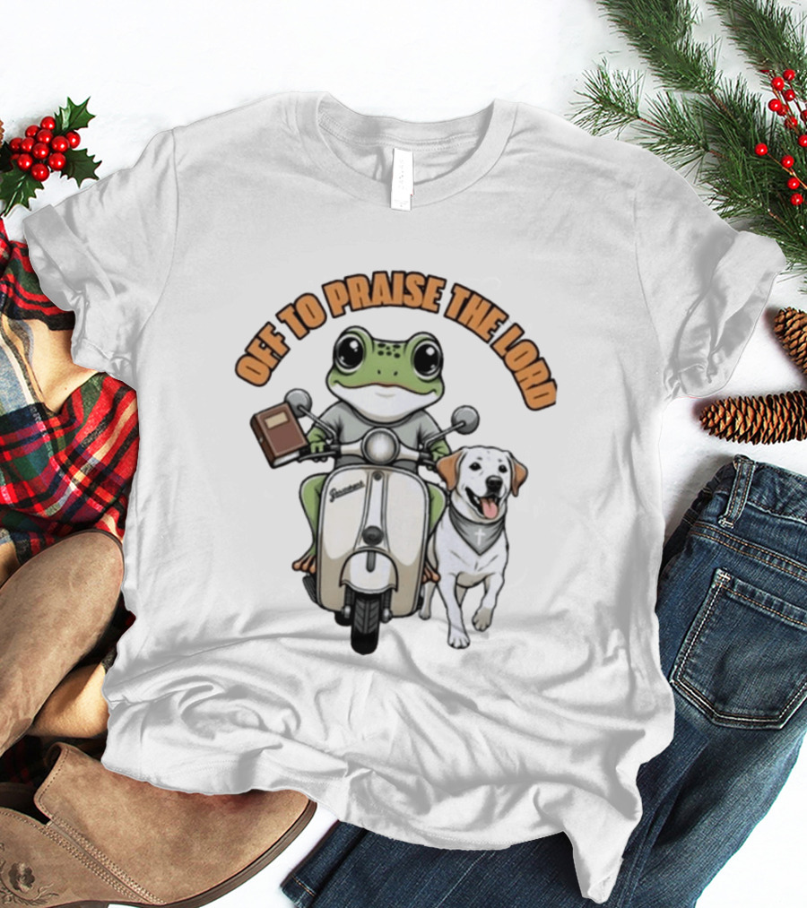Off To Praise The Lord Frog Riding Scooter Labrador T-Shirt