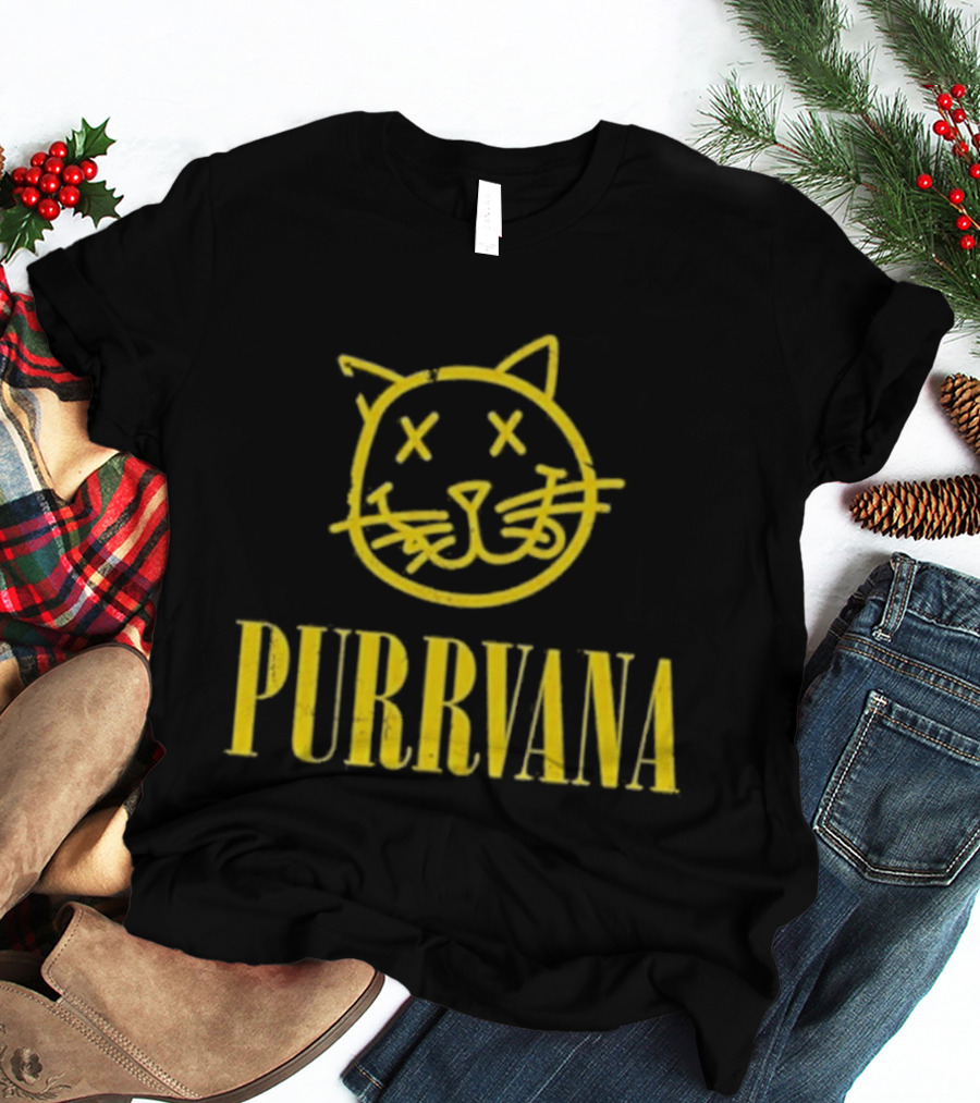 Purrvana Cat Face Yellow Grunge Style Kitty T-Shirt