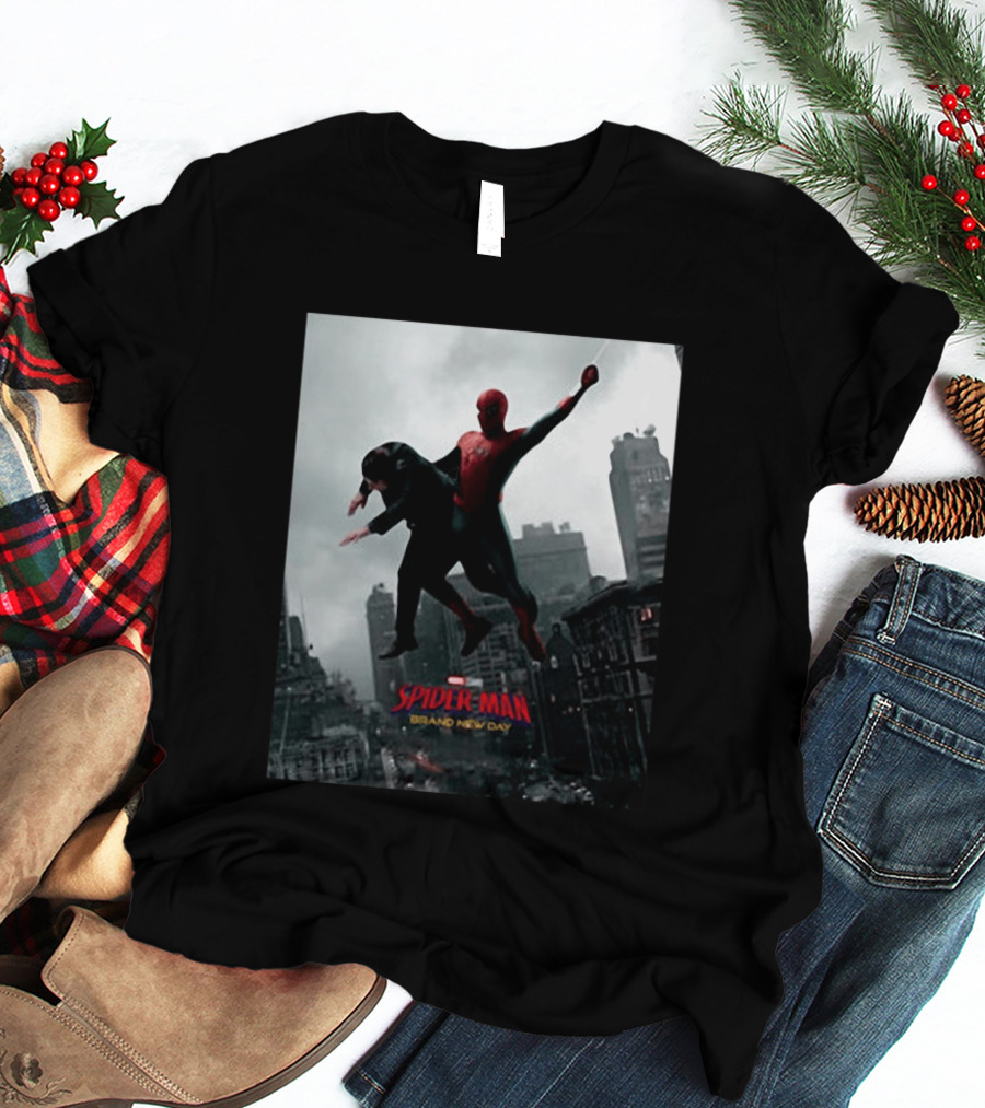 Spider Man Brand New Day Marvel Comic Scene Flying Over City Skyline T-Shirt