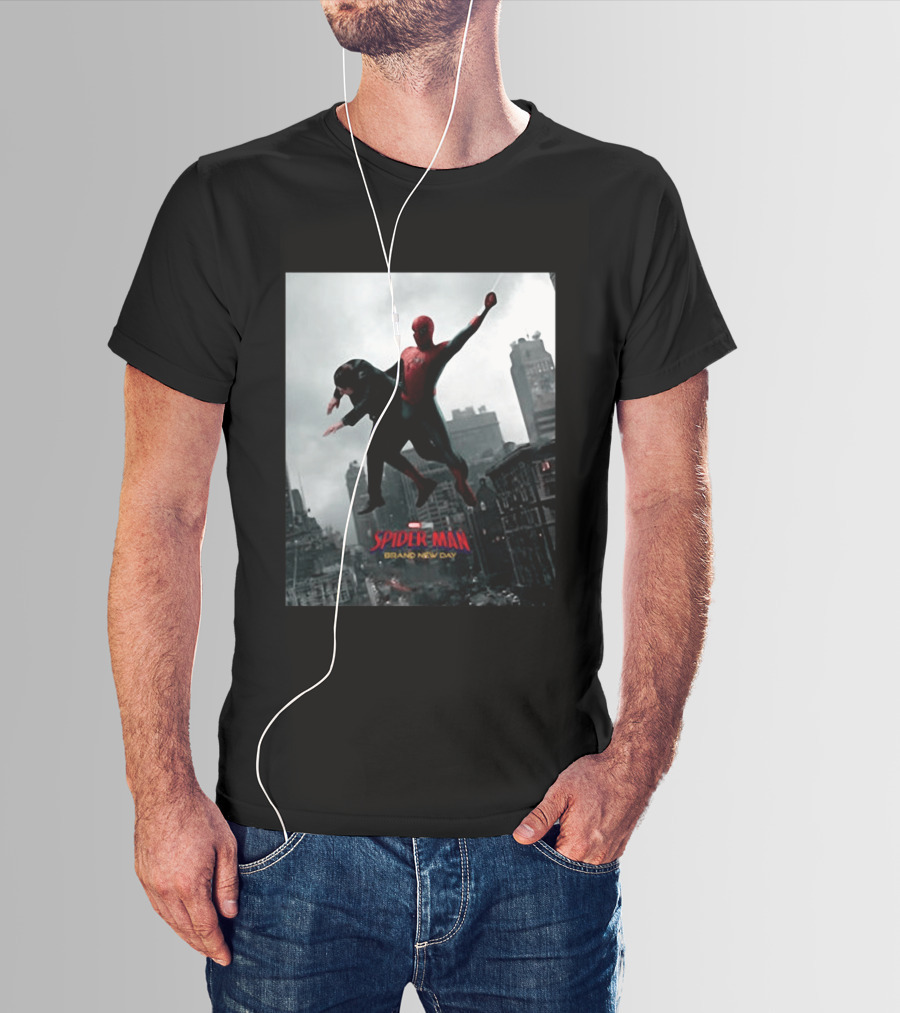 Spider Man Brand New Day Marvel Comic Scene Flying Over City Skyline T-Shirt