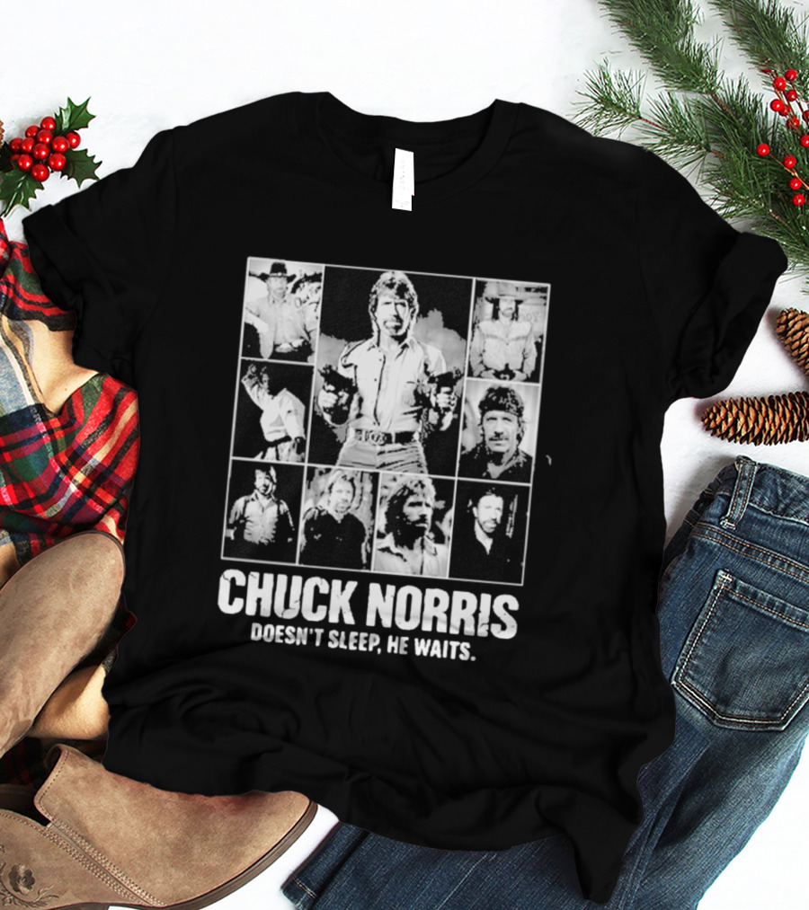 Chuck Norris Doesn't Sleep He Waits Iconic Photos Collage T-Shirt