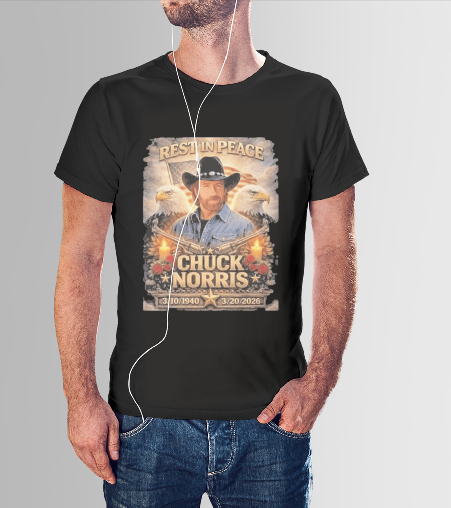 Rest In Peace Chuck Norris With Bald Eagles American Flag And Candles T-Shirt