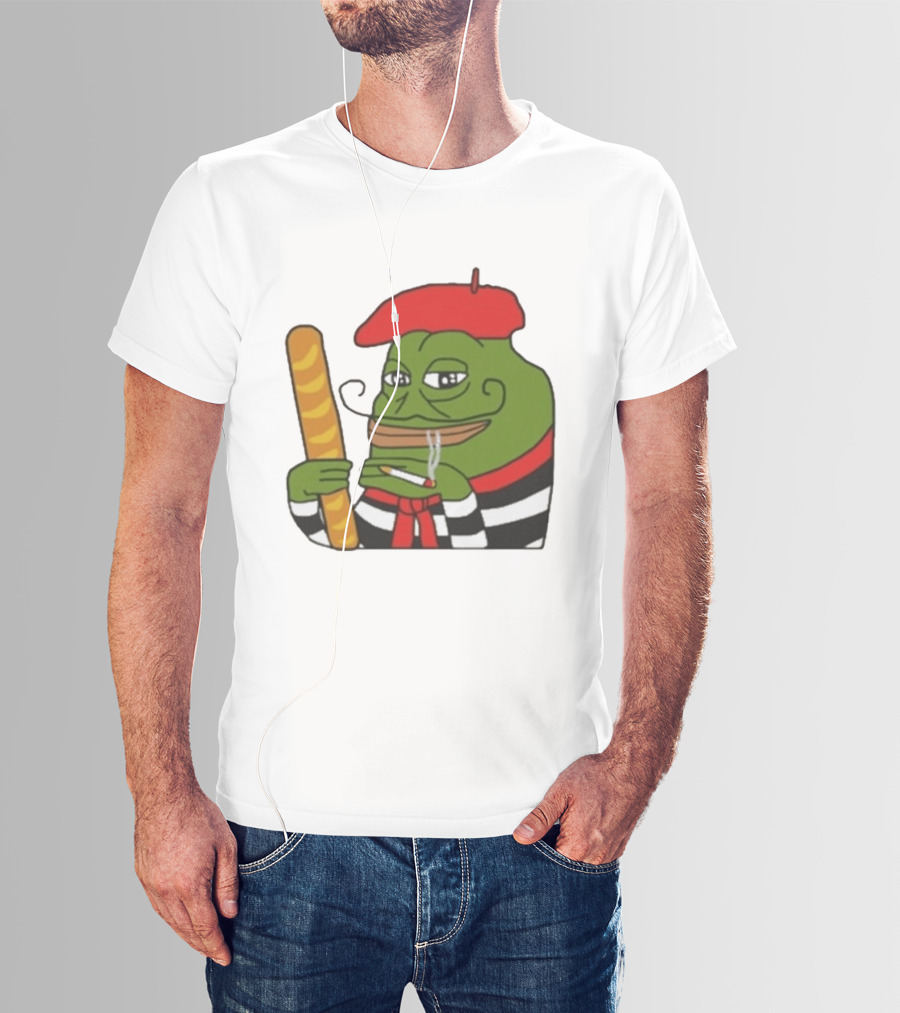 S French Pepe With Baguette And Cigarette Beret Comedy Meme T-Shirt