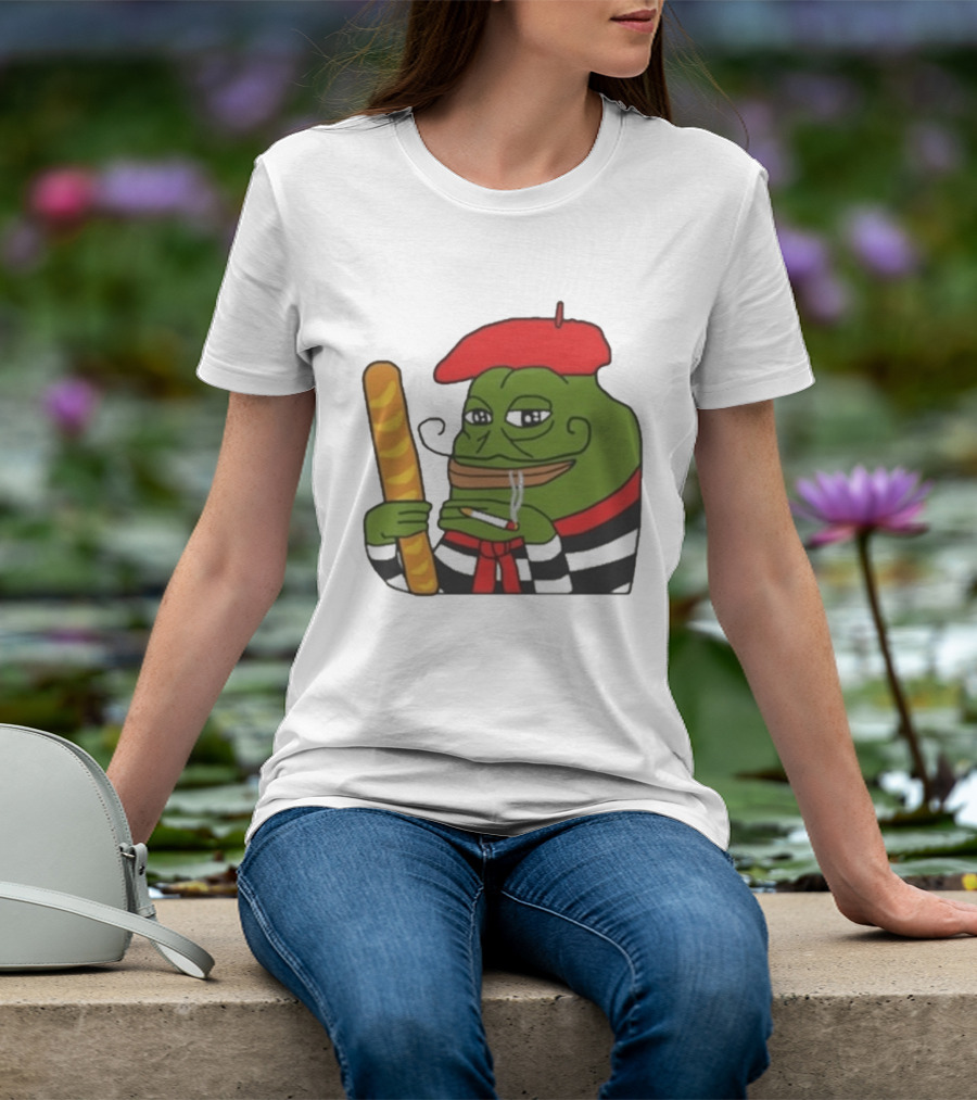 S French Pepe With Baguette And Cigarette Beret Comedy Meme T-Shirt