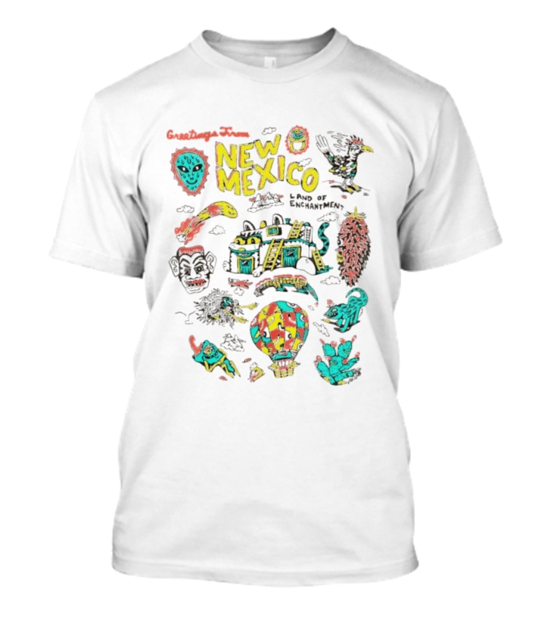 Greetings New Mexico Land Of Enchantment Colorful Southwest Symbols Hot Air Balloon Cactus And Traditional T-Shirt
