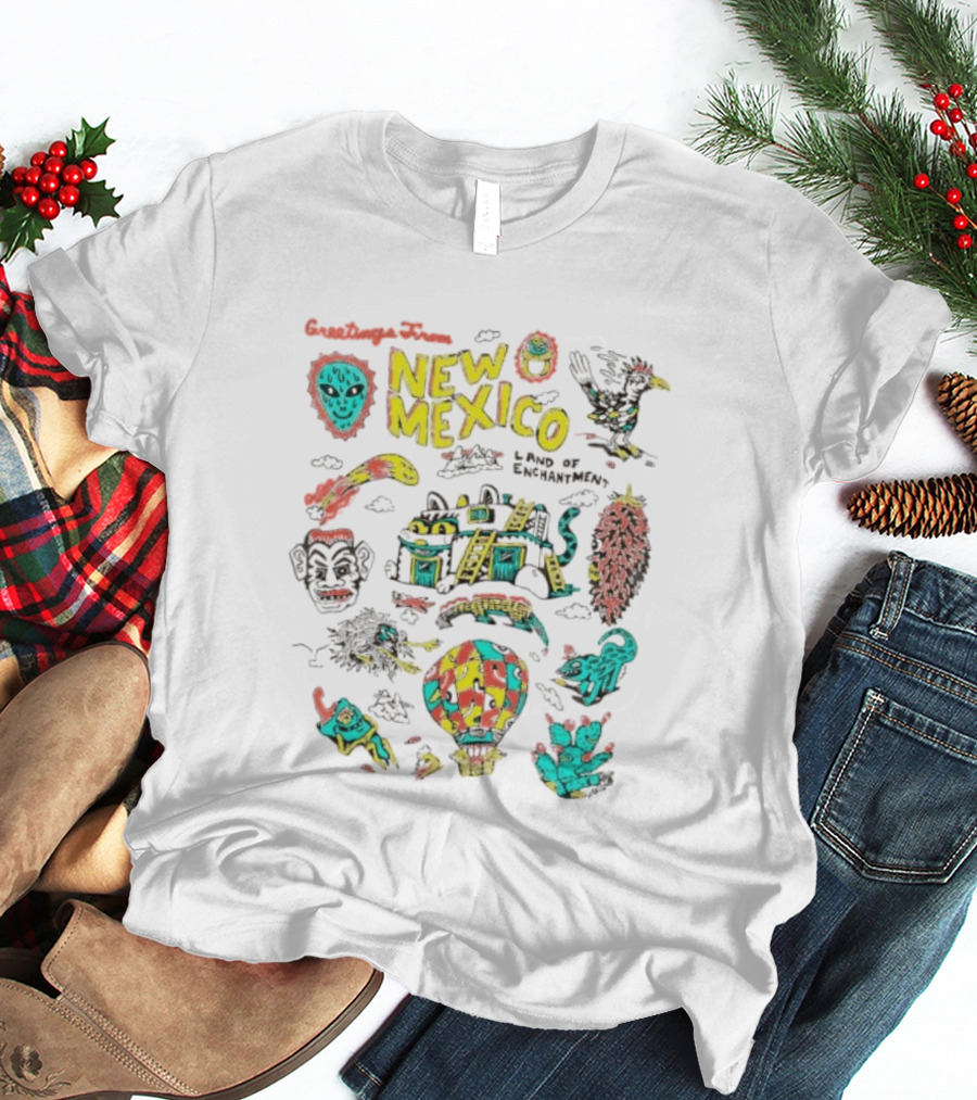 Greetings New Mexico Land Of Enchantment Colorful Southwest Symbols Hot Air Balloon Cactus And Traditional T-Shirt