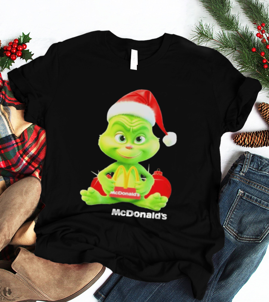 Santa Baby Grinch McDonald's Holding Happy Meal With Santa Hat And Gift Bags T-Shirt