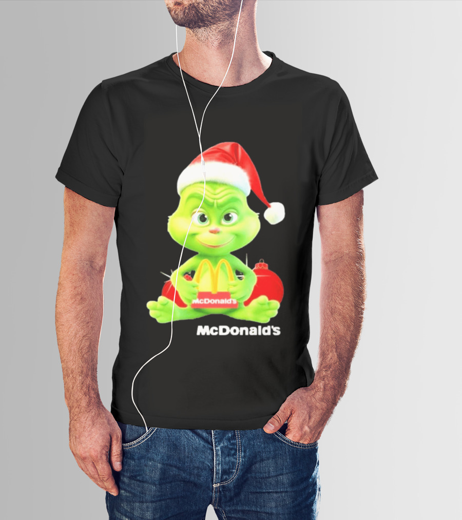 Santa Baby Grinch McDonald's Holding Happy Meal With Santa Hat And Gift Bags T-Shirt