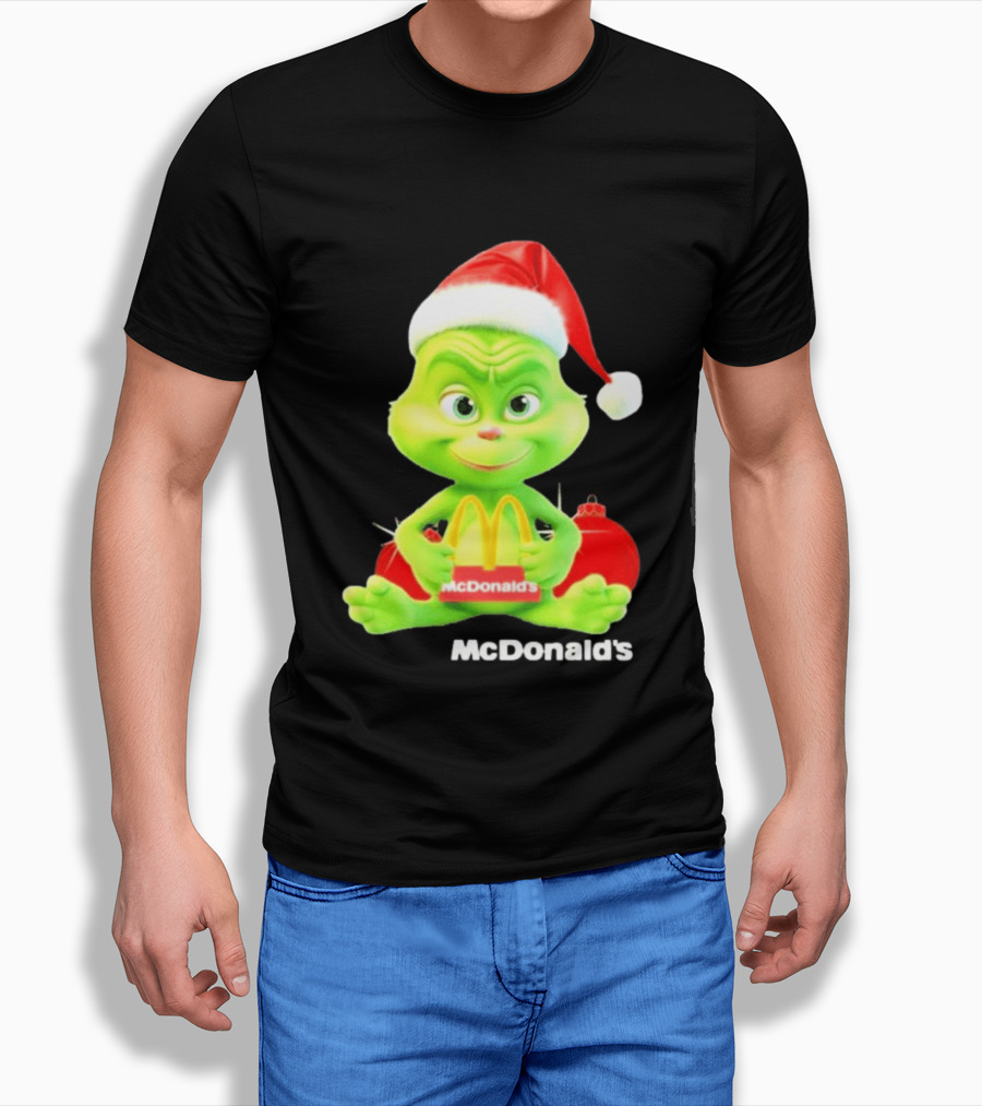 Santa Baby Grinch McDonald's Holding Happy Meal With Santa Hat And Gift Bags T-Shirt