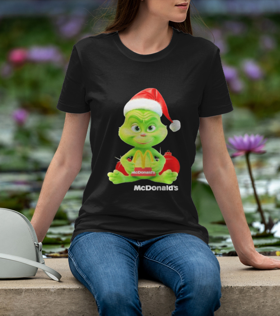 Santa Baby Grinch McDonald's Holding Happy Meal With Santa Hat And Gift Bags T-Shirt