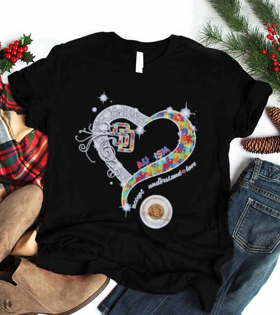 San Diego Baseball Heart Autism Accept Understand Love Puzzle T-Shirt