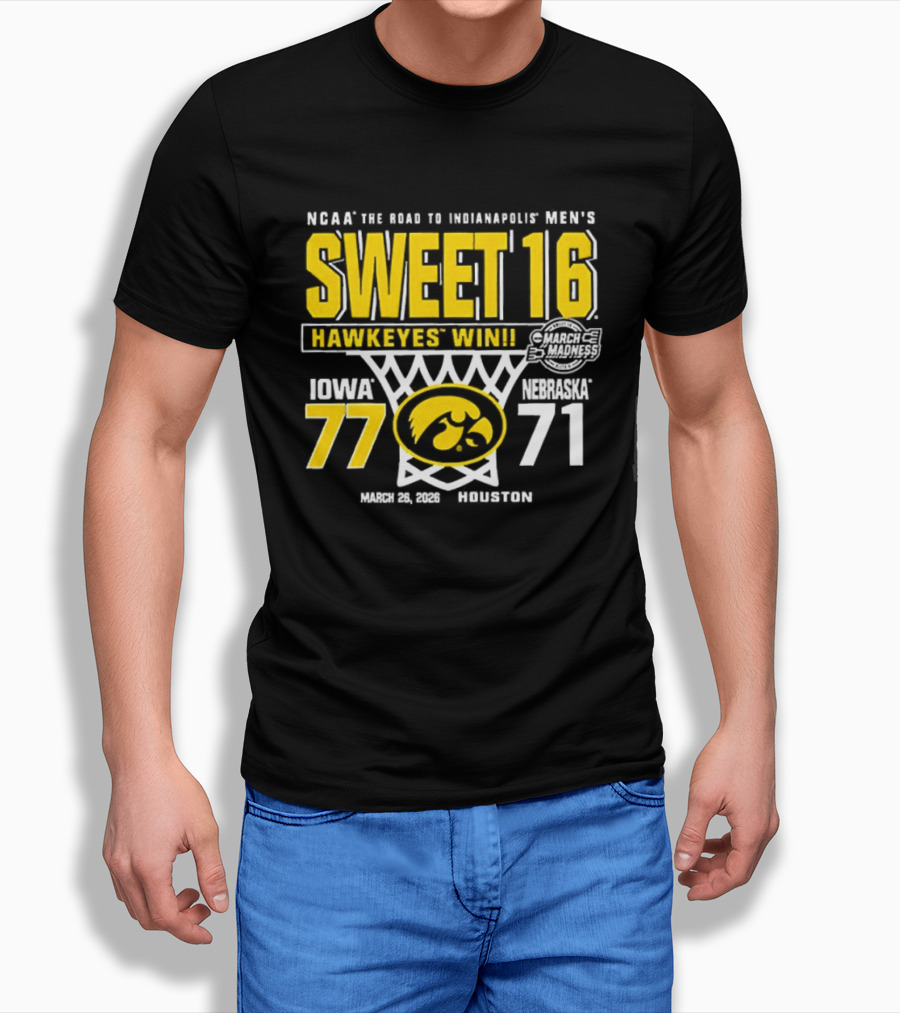 NCAA The Road To Minneapolis Men's Sweet 16 Hawkeyes Win Iowa 77 Nebraska 71 March 29 2020 Selection T-Shirt