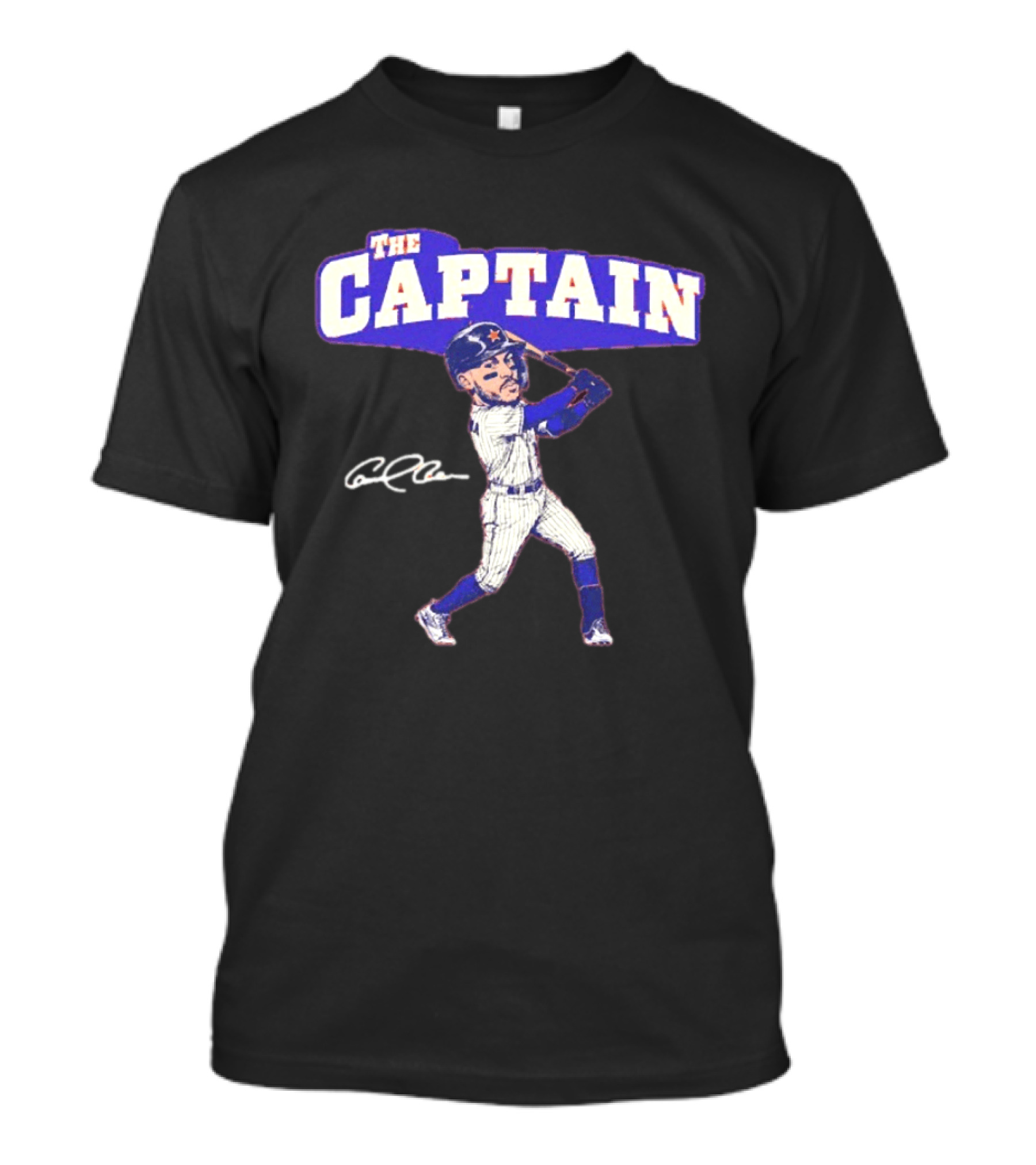 The Captain Carlos Correa Caricature Baseball Player Swinging Bat With Signature T-Shirt