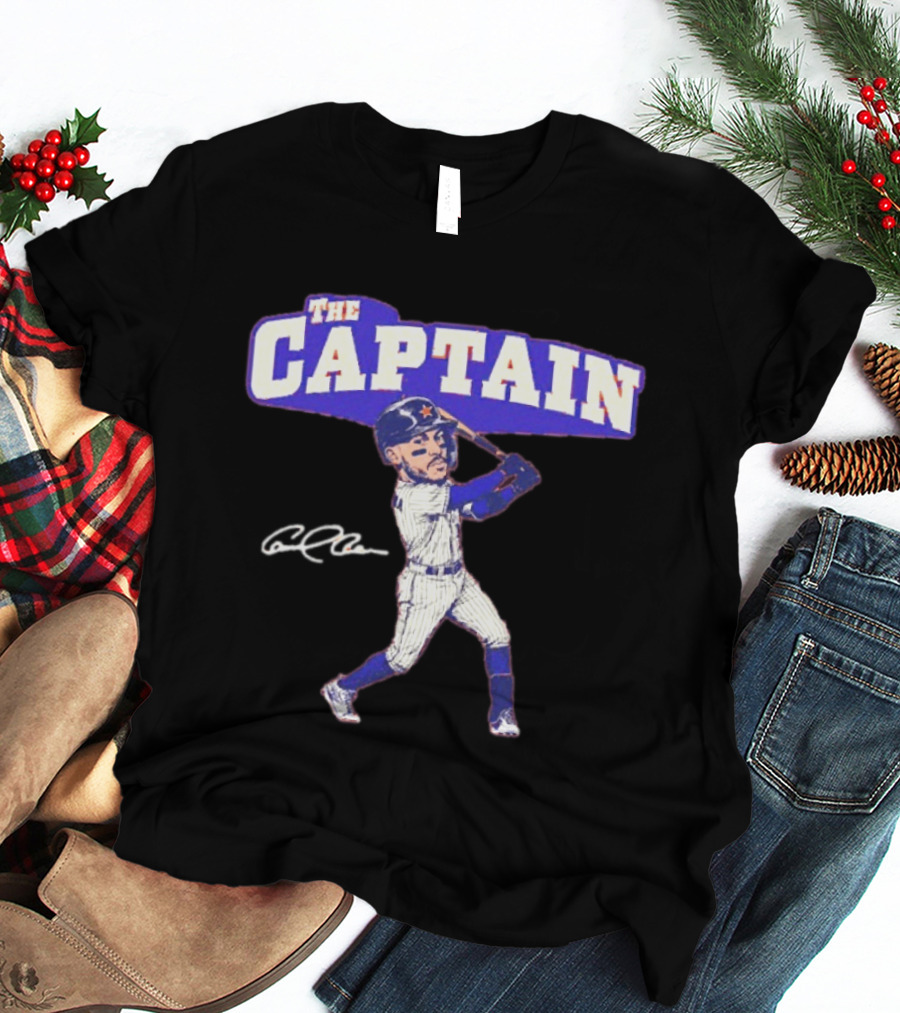 The Captain Carlos Correa Caricature Baseball Player Swinging Bat With Signature T-Shirt