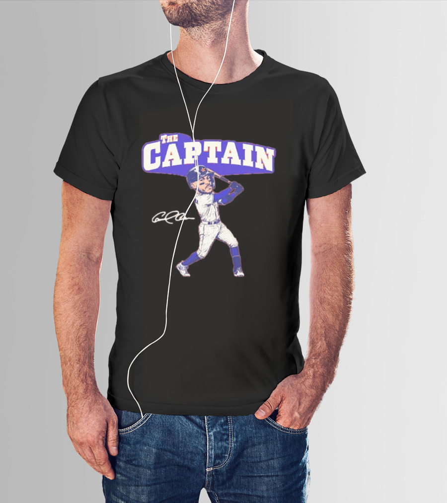 The Captain Carlos Correa Caricature Baseball Player Swinging Bat With Signature T-Shirt