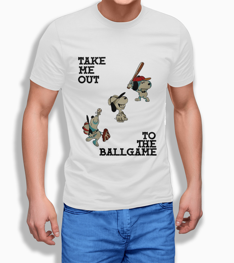 Snoopy Take Me Out To The Ballgame Baseball Red Cap Batting And Catching T-Shirt