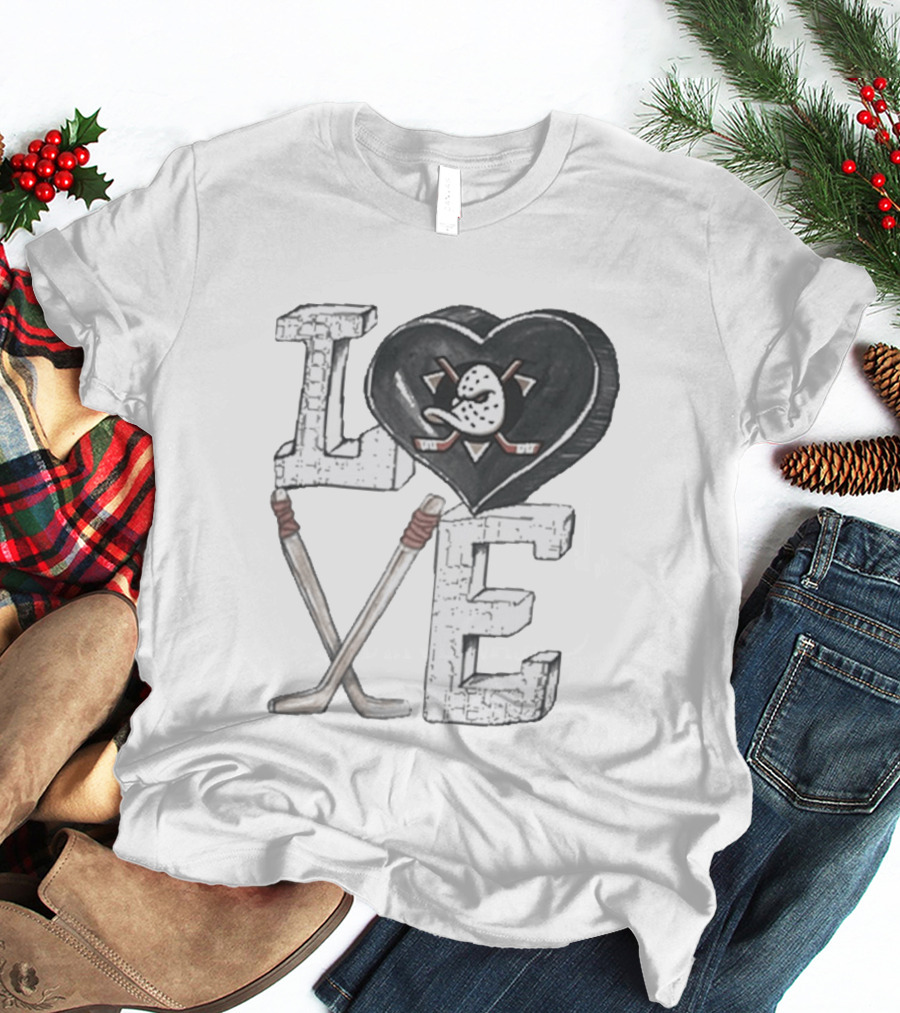 Anaheim Ducks Puck Heart Love Hockey Sticks T-Shirt