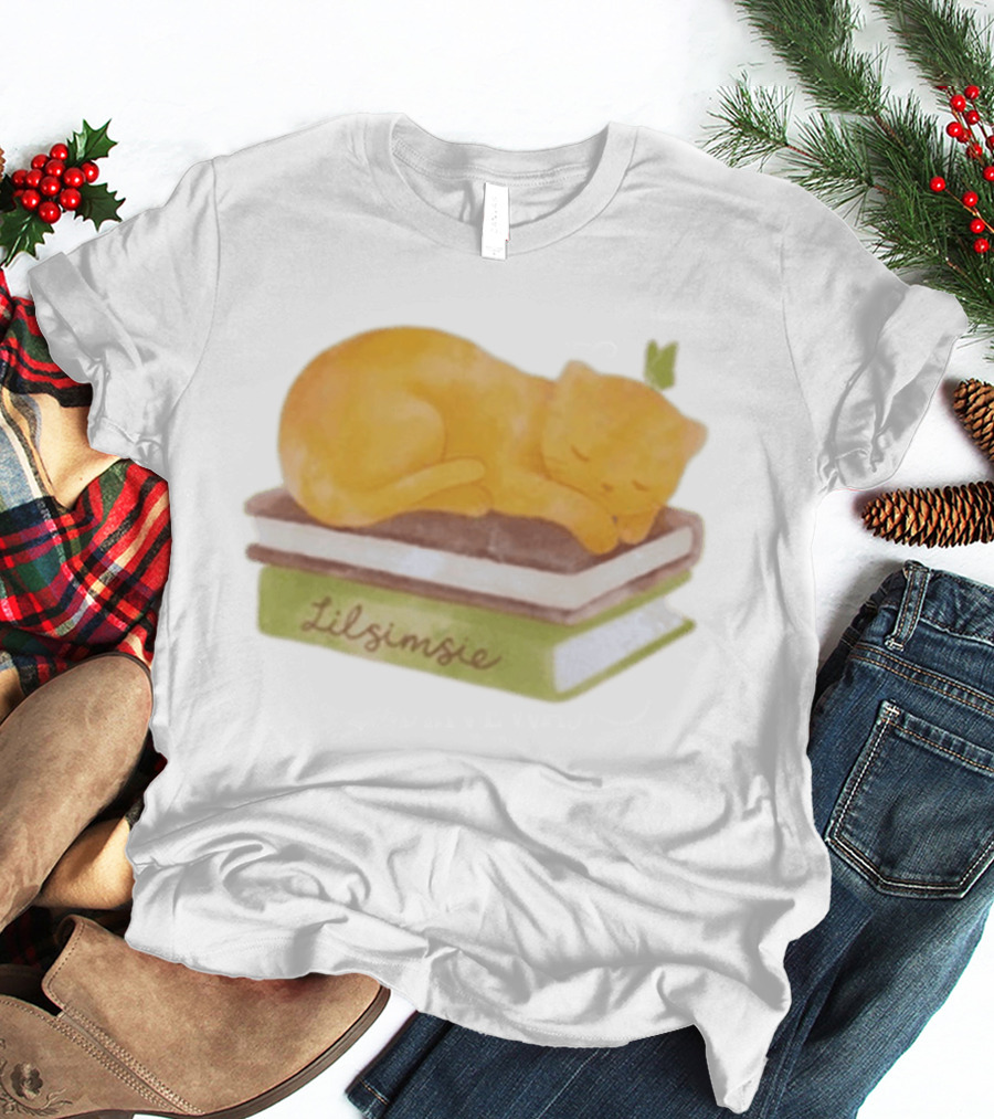 Lilsimsie Sleeping Cat On Books T-Shirt