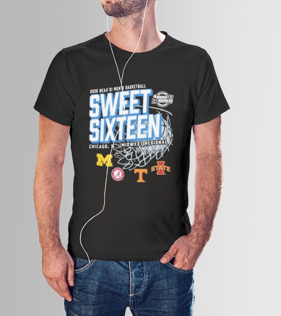 2026 NCAA DI Men's Basketball Sweet Sixteen Chicago IL Midwest Regional Michigan Alabama Tennessee Iowa State T-Shirt