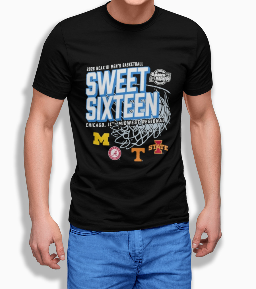 2026 NCAA DI Men's Basketball Sweet Sixteen Chicago IL Midwest Regional Michigan Alabama Tennessee Iowa State T-Shirt