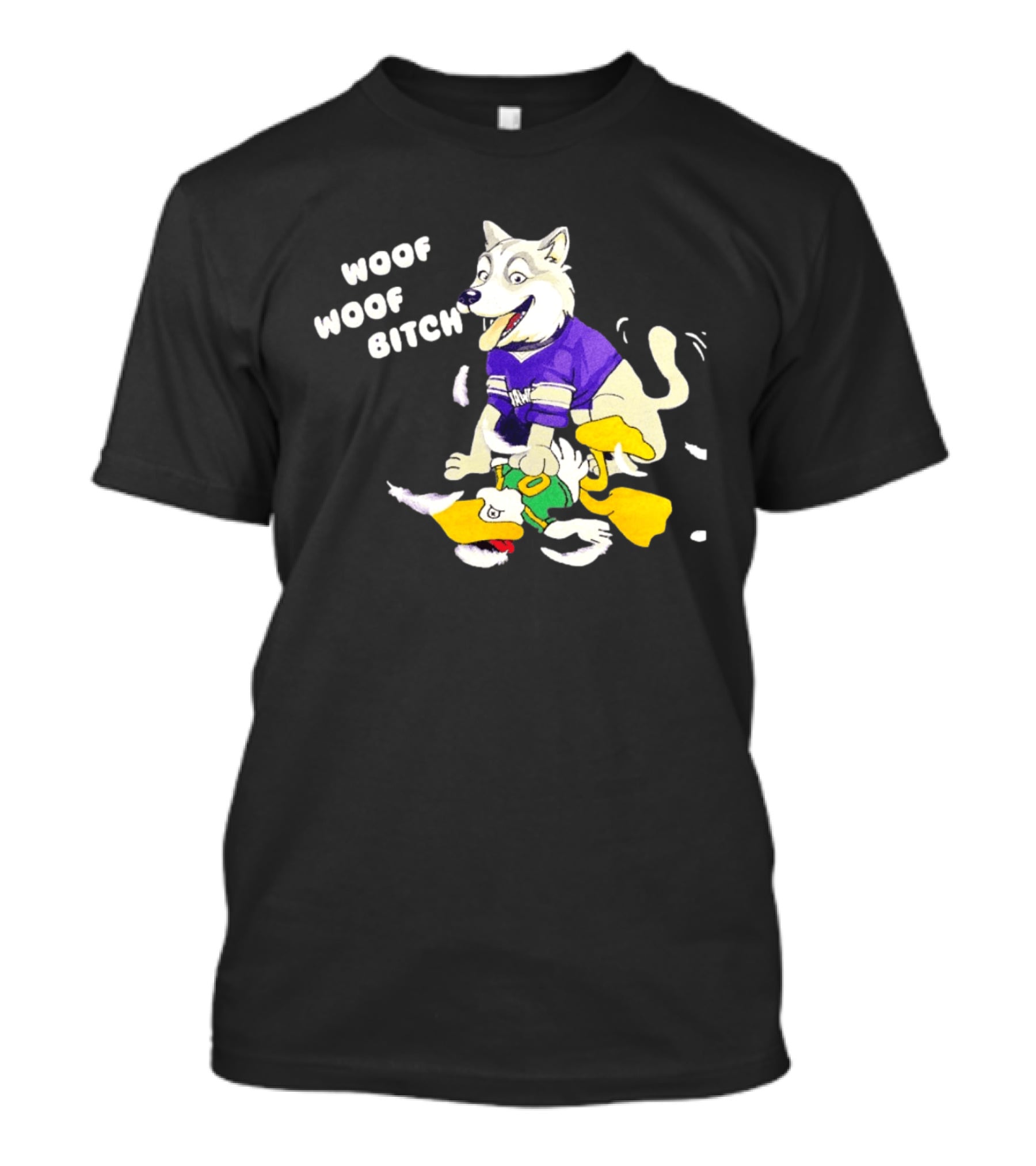 Washington Huskies Woof Woof Bitch Cartoon Mascot Scene T-Shirt