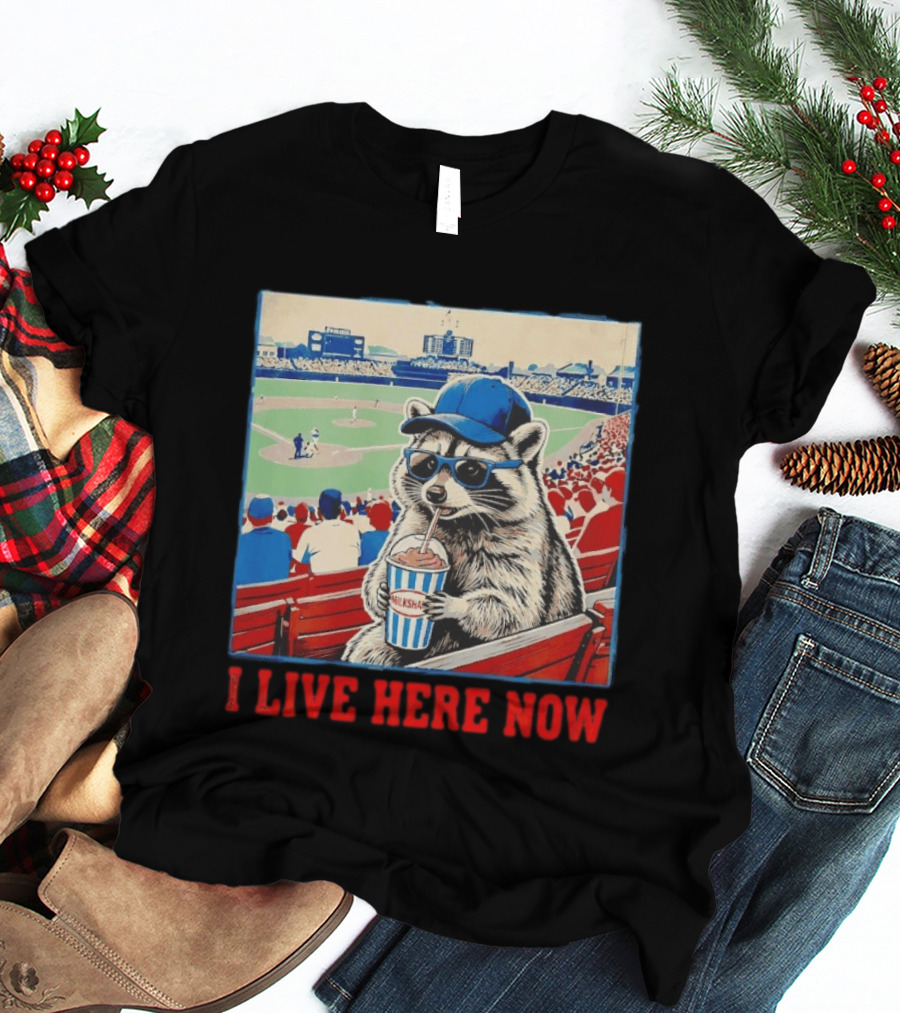 Raccoon Milkshake Baseball Field I Live Here Now T-Shirt