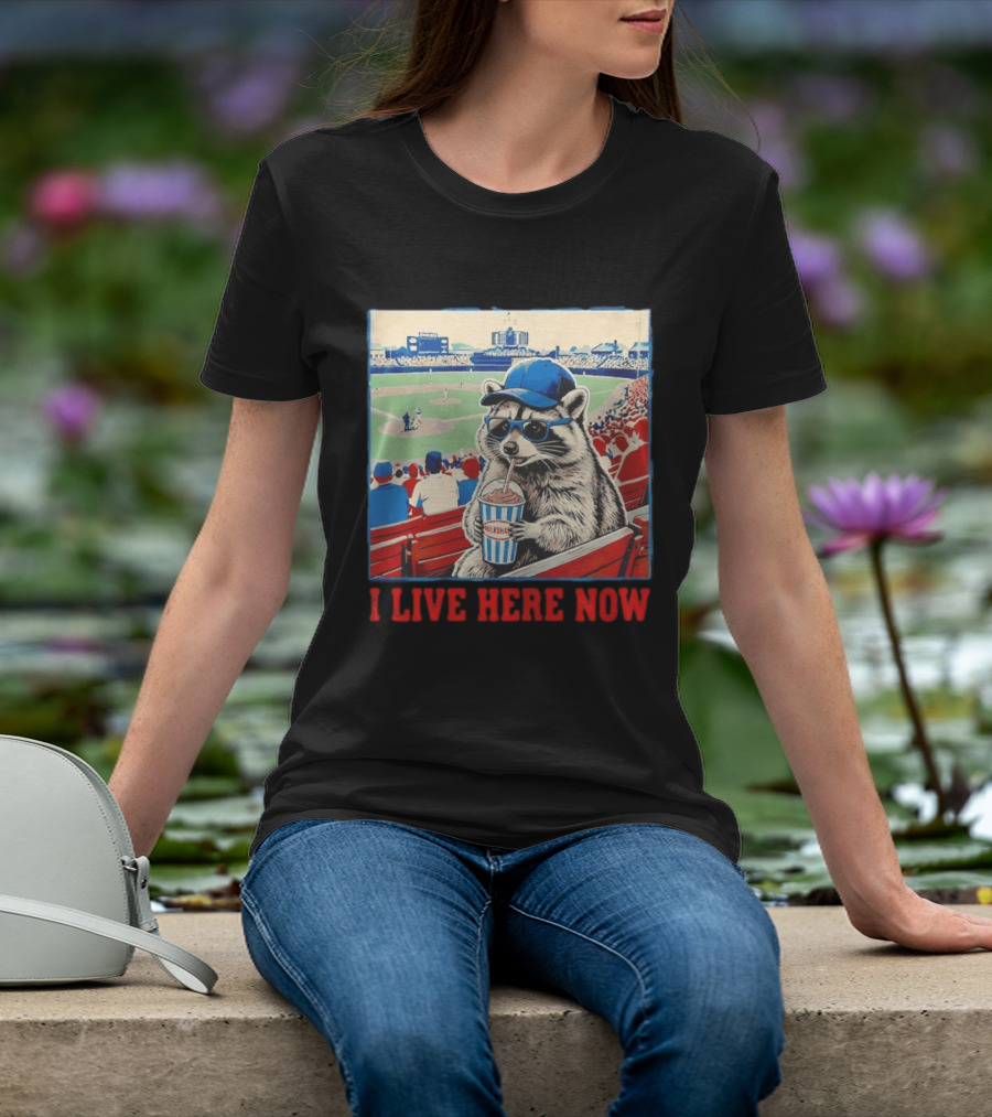 Raccoon Milkshake Baseball Field I Live Here Now T-Shirt