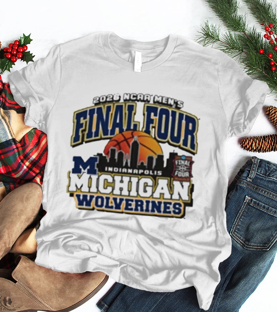 NCAA Men's Final Four 2026 Michigan Wolverines Indianapolis Skyline Basketball T-Shirt