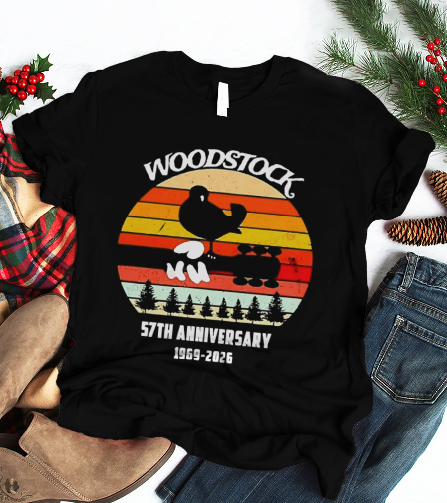 Woodstock 57th Anniversary 1969 2026 Bird Vintage Sunset Stripes T-Shirt