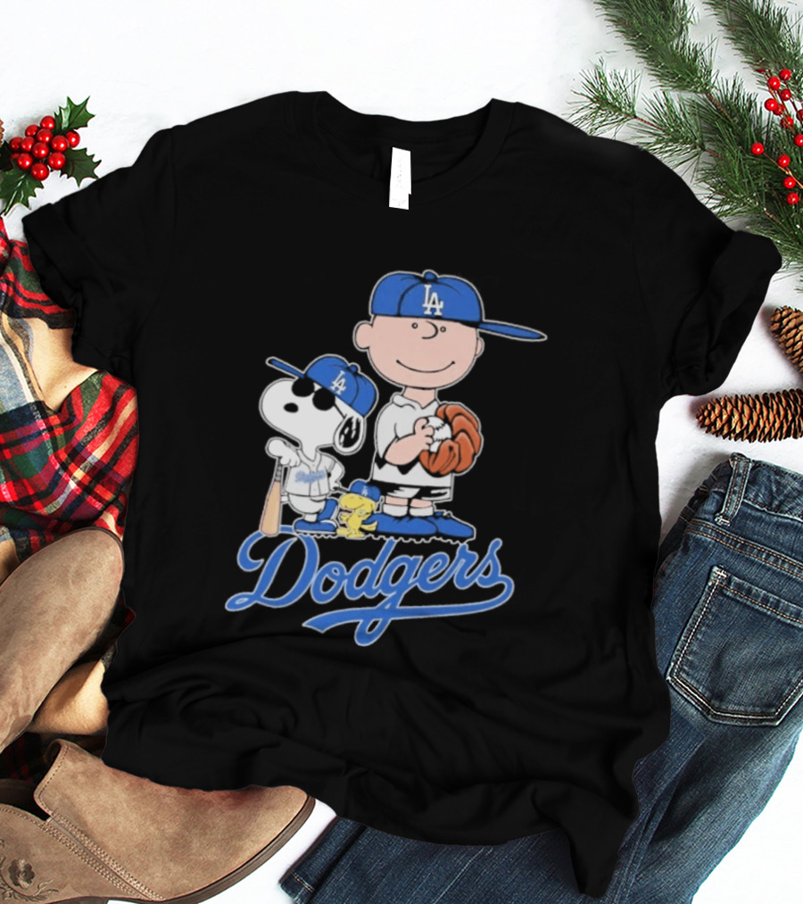 Los Angeles Dodgers Peanuts Snoopy Charlie Brown Woodstock Baseball Collaboration T-Shirt
