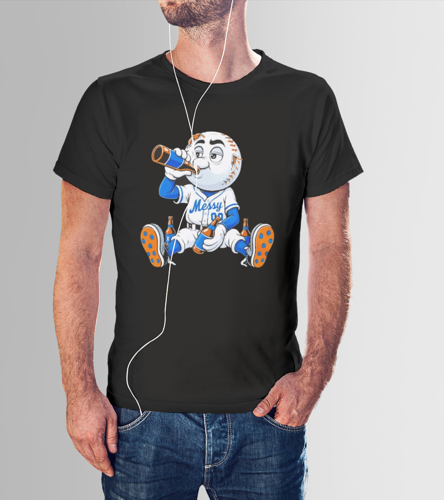 New York Mets Mr. Met Messy Drink Baseball T-Shirt