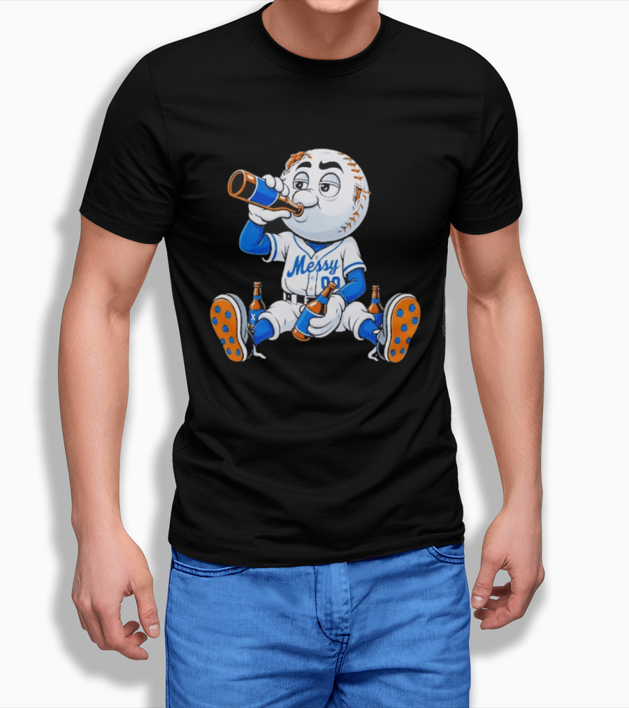 New York Mets Mr. Met Messy Drink Baseball T-Shirt