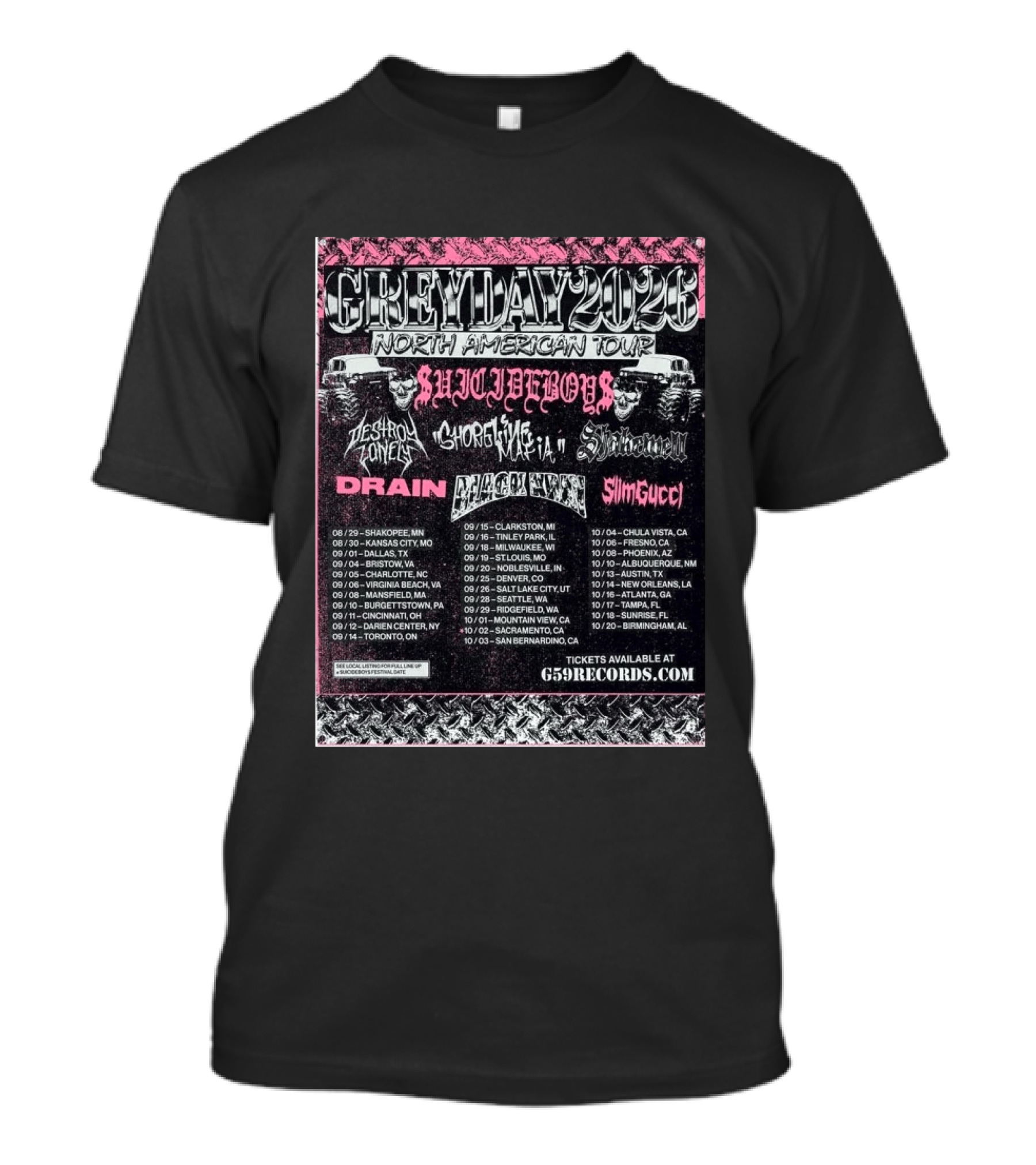 Grey Day 2026 North American Tour Suicide Boys, Destroy Lonely, Ghostemane, Drain, Slim Gucci With Schedule T-Shirt