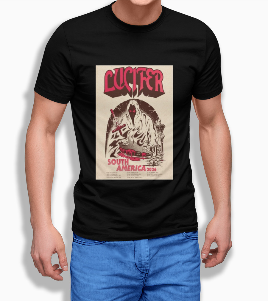 Lucifer South America 2026 Tour Schedule With Hooded Figure And Skulls T-Shirt