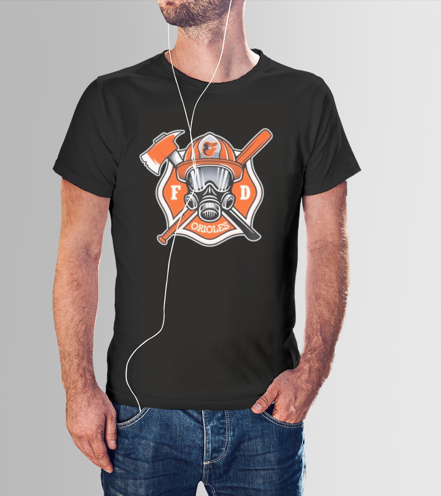 2026 Orioles FD Firefighter Appreciation Mask Helmet Axe Crossed Bat T-Shirt