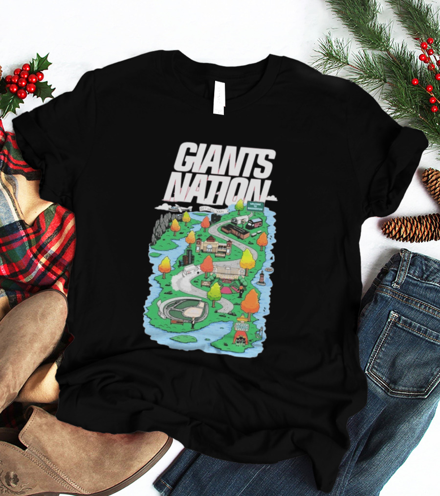 Bobby Skinner Giants Nation Cartoon Landscape Get Well Soon Welcome To Giants Nation Balloon Trees River T-Shirt