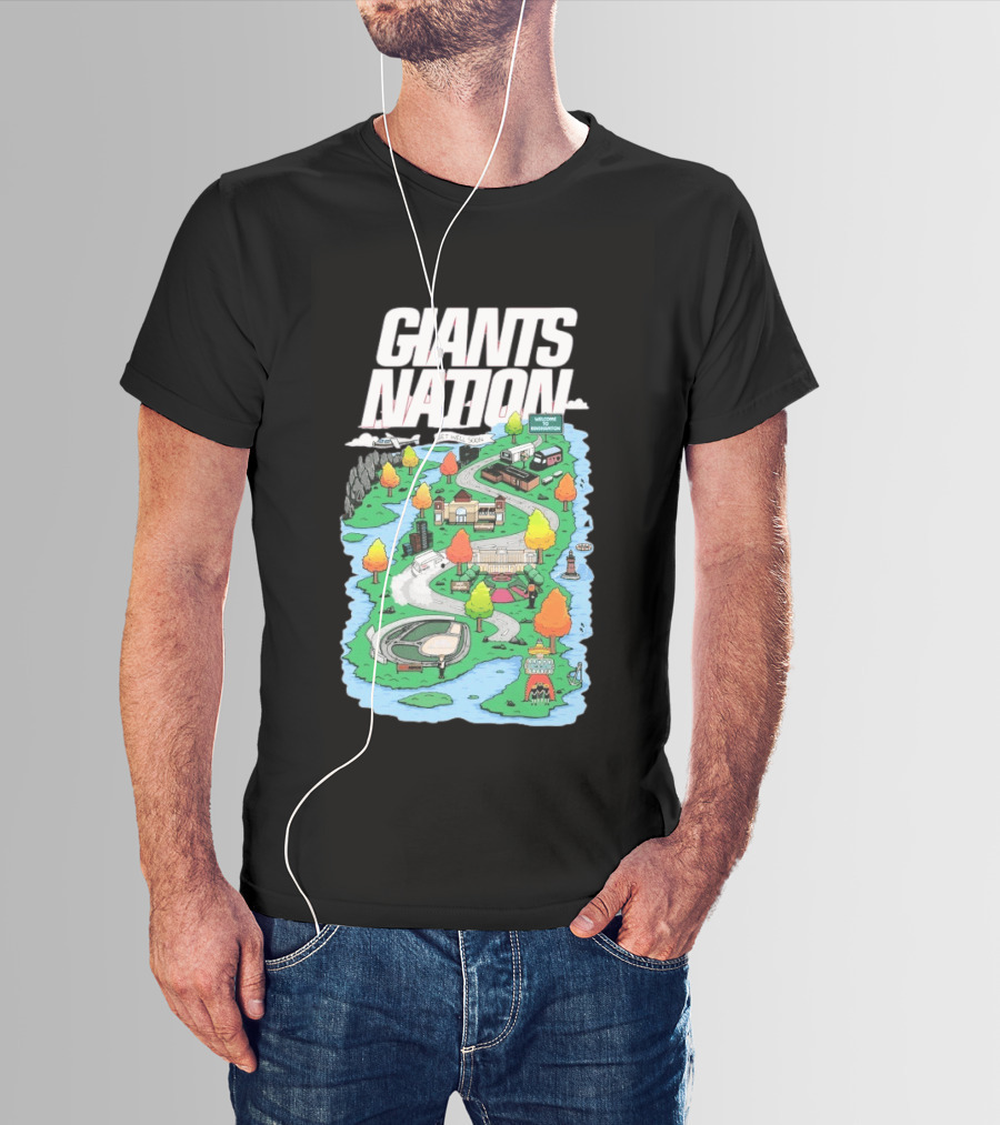 Bobby Skinner Giants Nation Cartoon Landscape Get Well Soon Welcome To Giants Nation Balloon Trees River T-Shirt