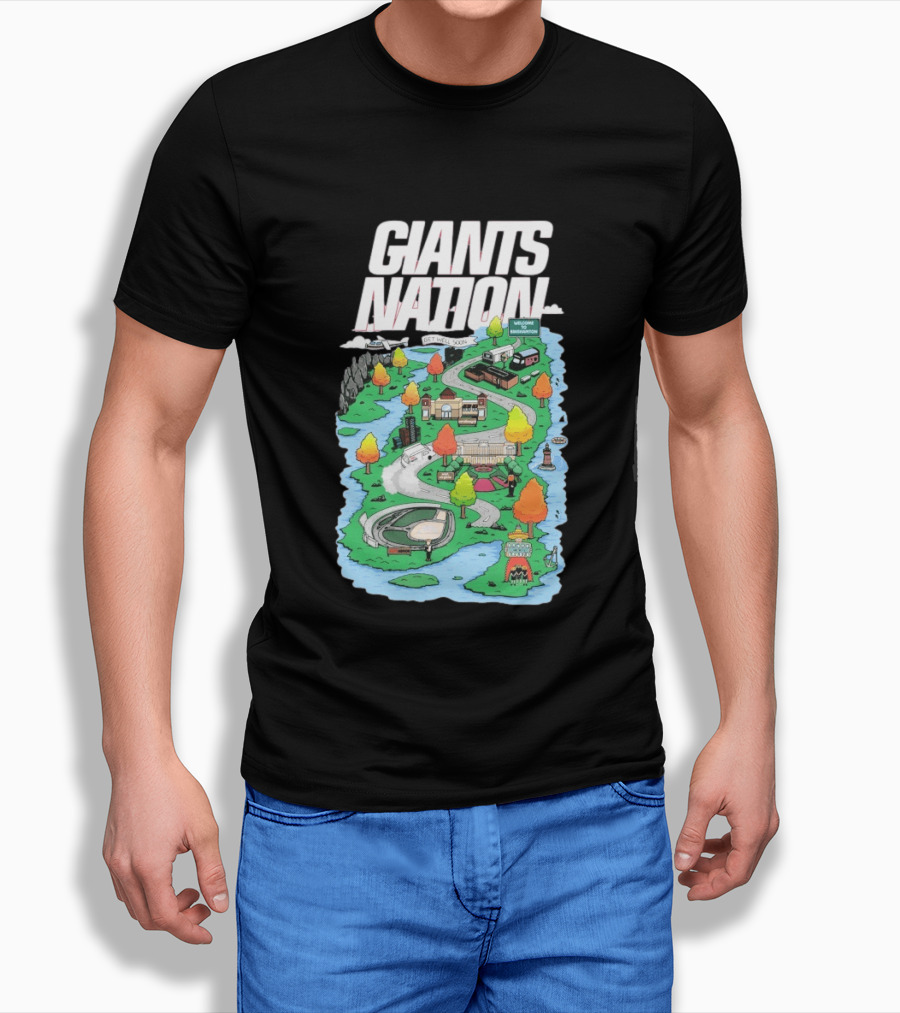 Bobby Skinner Giants Nation Cartoon Landscape Get Well Soon Welcome To Giants Nation Balloon Trees River T-Shirt