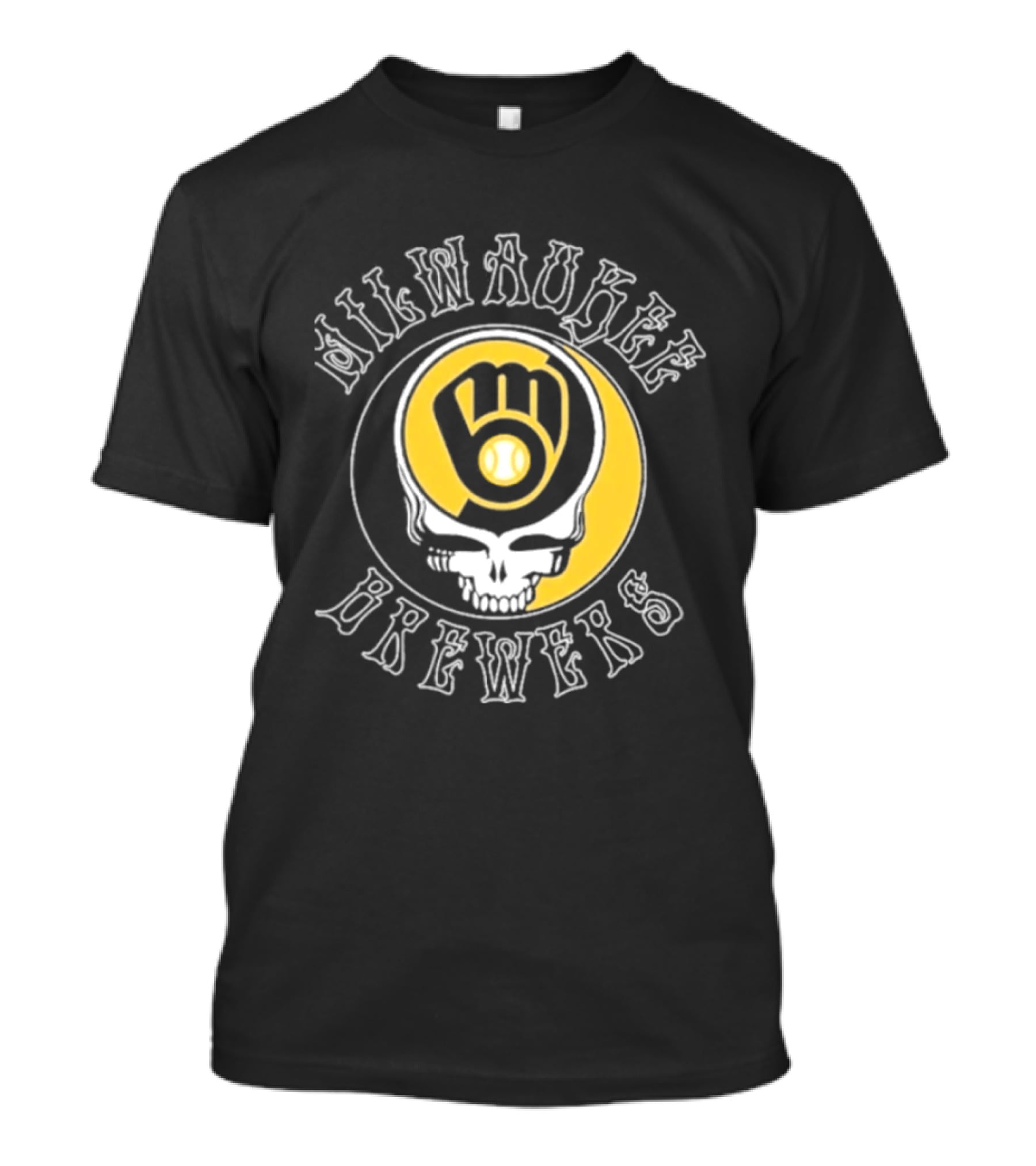 Milwaukee Brewers Skull Baseball Glove Crescent Moon T-Shirt