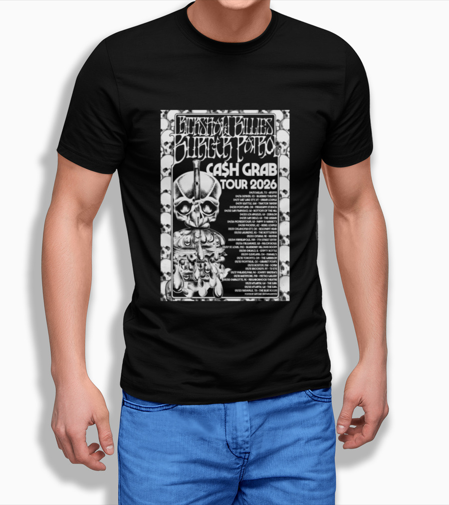 Rickshaw Billies Burger Patrol Cash Grab Tour 2026 Concert Dates Sketched Skull T-Shirt