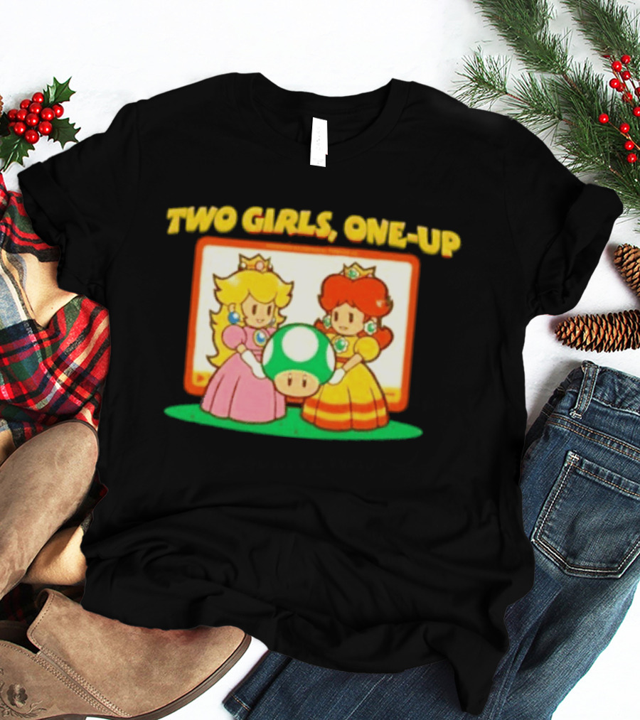 Two Girls One Up Mario Princess Peach Daisy 1 Up Mushroom T-Shirt
