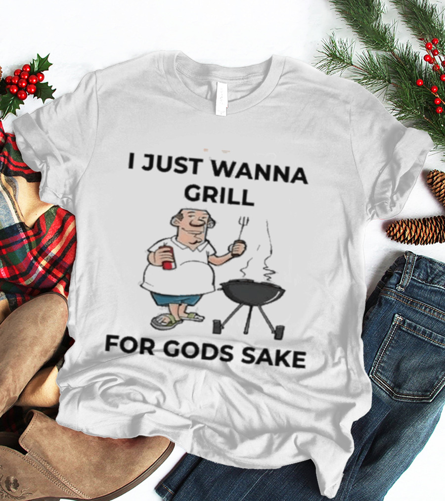 I Just Wanna Grill For God's Sake BBQ Cartoon Character Holding Fork T-Shirt