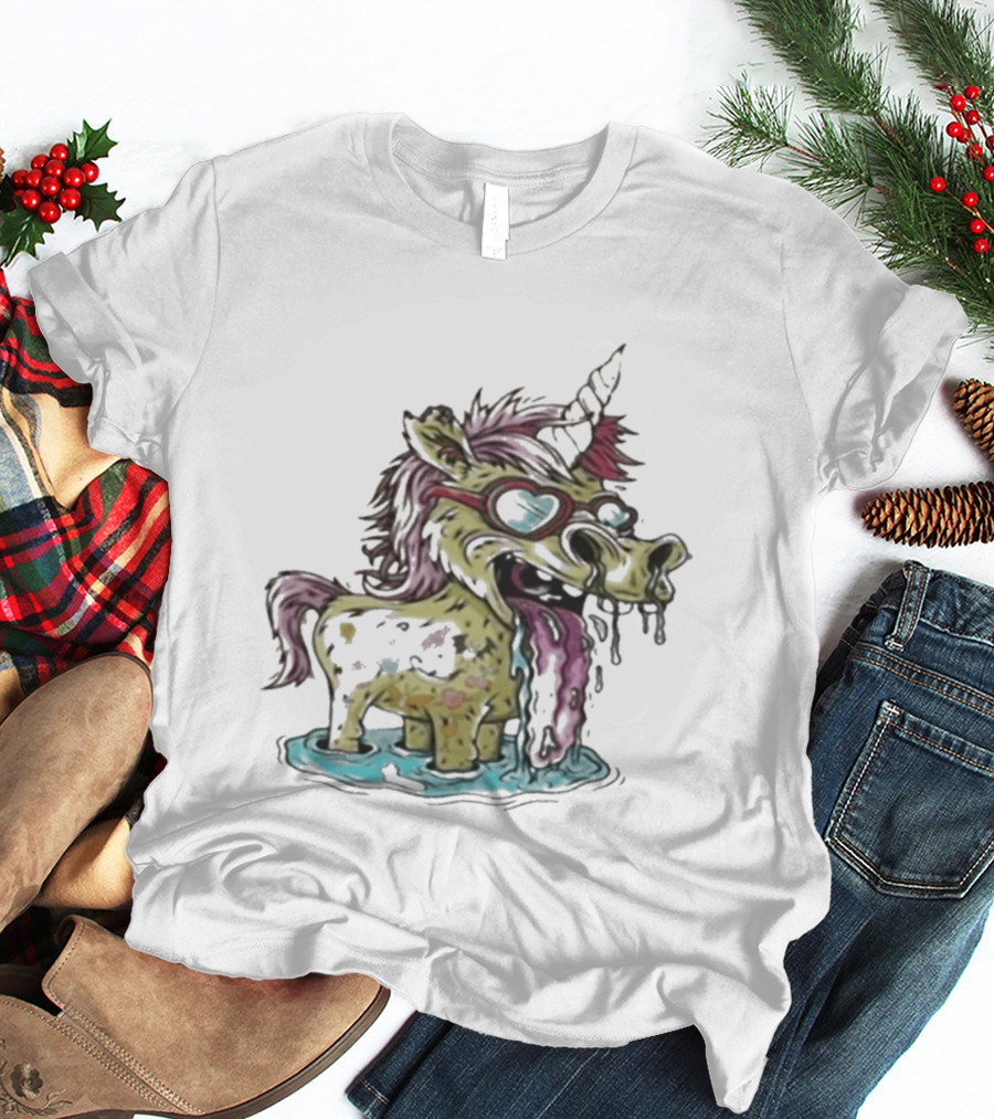 Hills Draws Unicorn With Sunglasses And Tongue Out In White T-Shirt