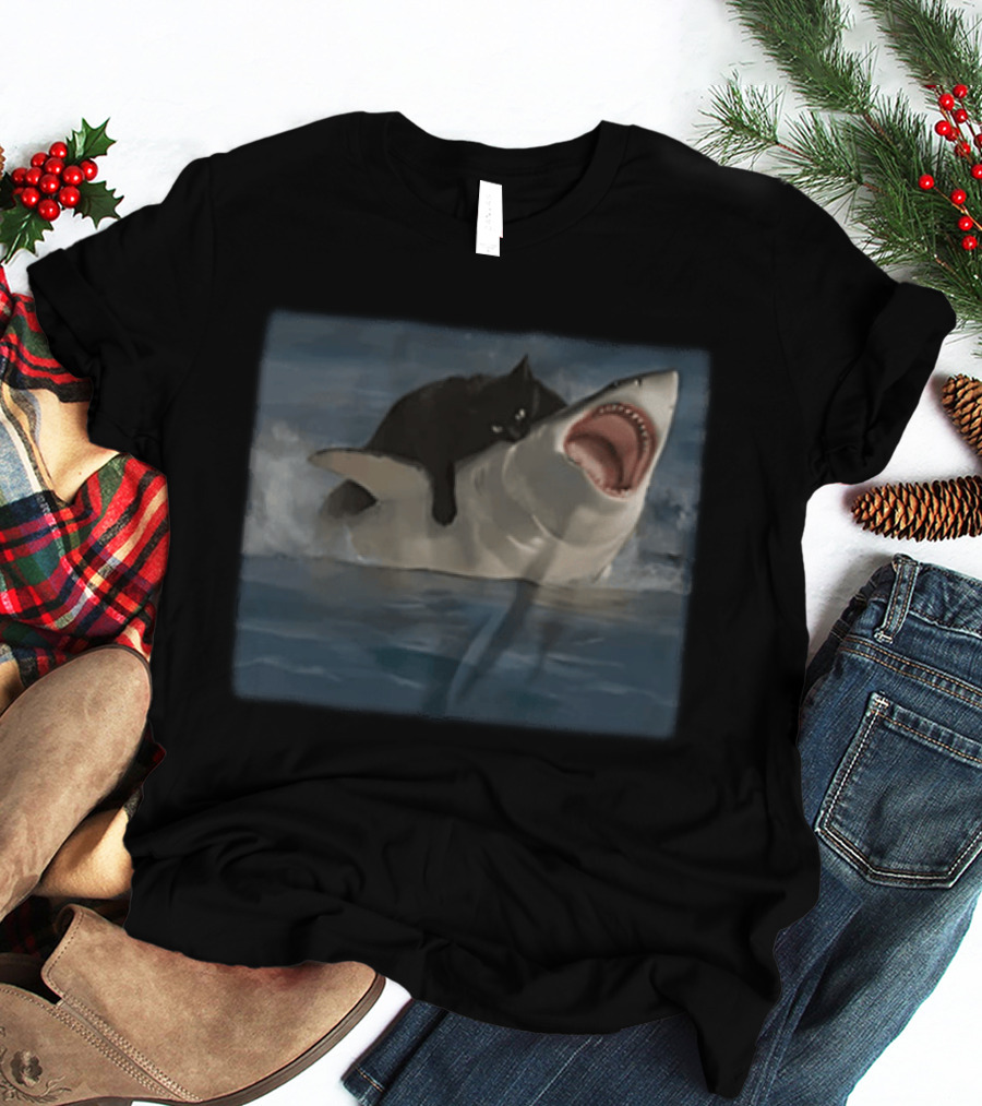 Black Cat Riding On Great White Shark Ocean Adventure T-Shirt