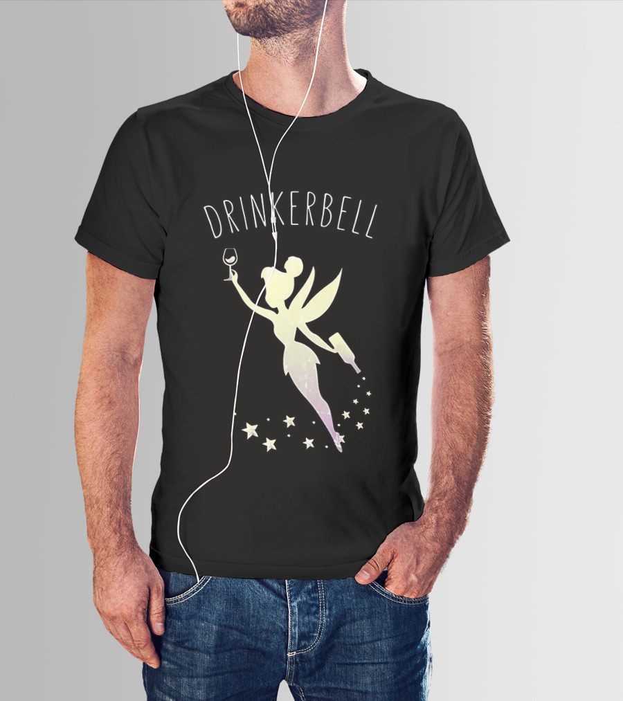 Drinkerbell Fairy Silhouette With Wine Glass And Bottle Stars T-Shirt