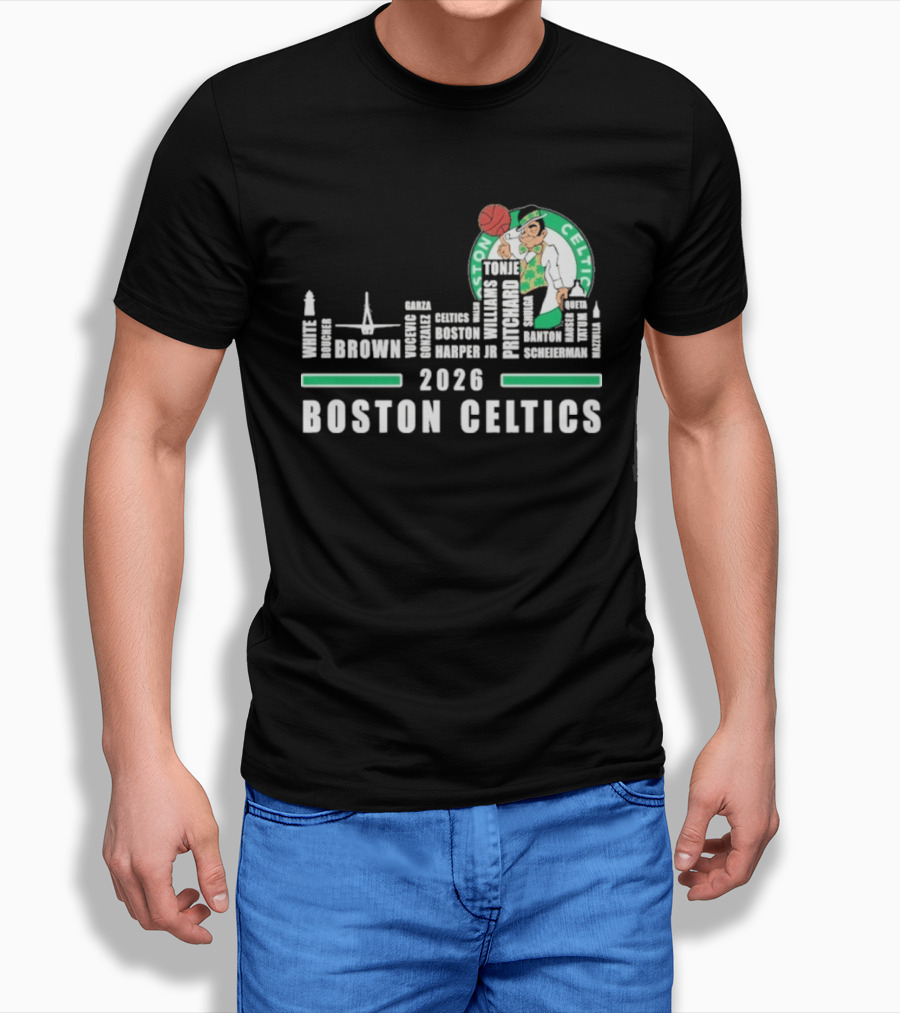 2026 Boston Celtics Brown Tatum Brogdon Porzingis White Smart Hoops Skyline T-Shirt