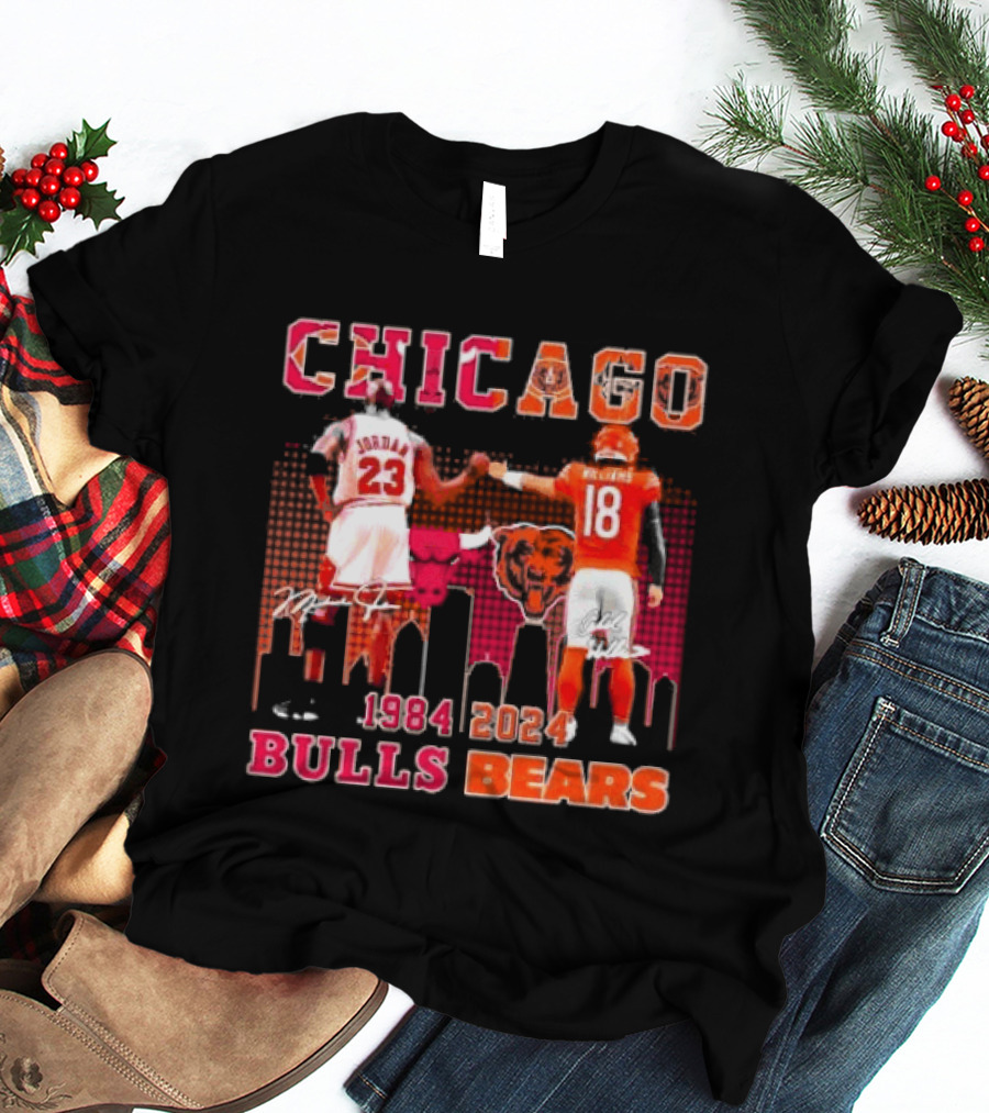 Chicago Bulls Michael Jordan 23 And Chicago Bears Caleb Williams 18 1984 2024 Signatures T-Shirt